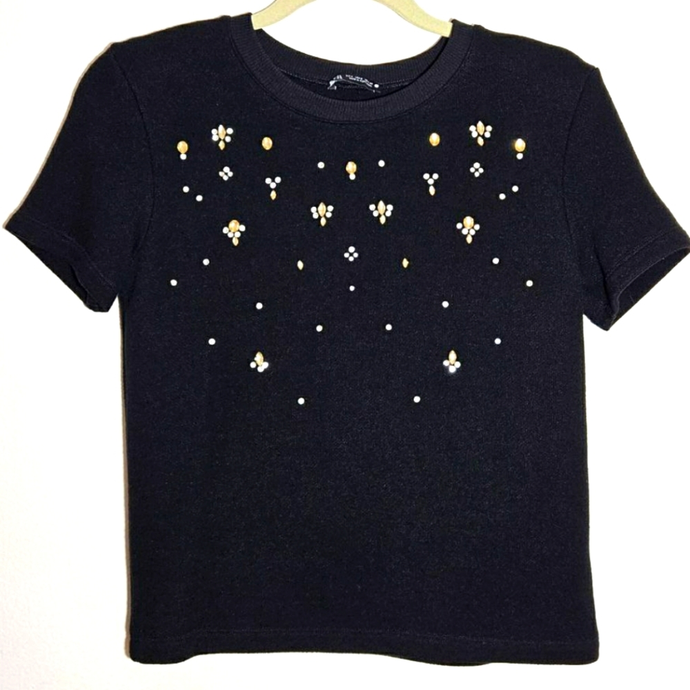 Women Zara Black Knit Blouse with Gold and White Embellishments Size S Small